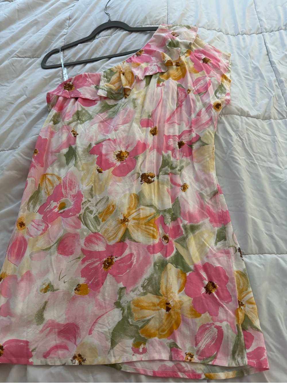 Floral One-Shoulder Summer dress- Pink & Yellow M